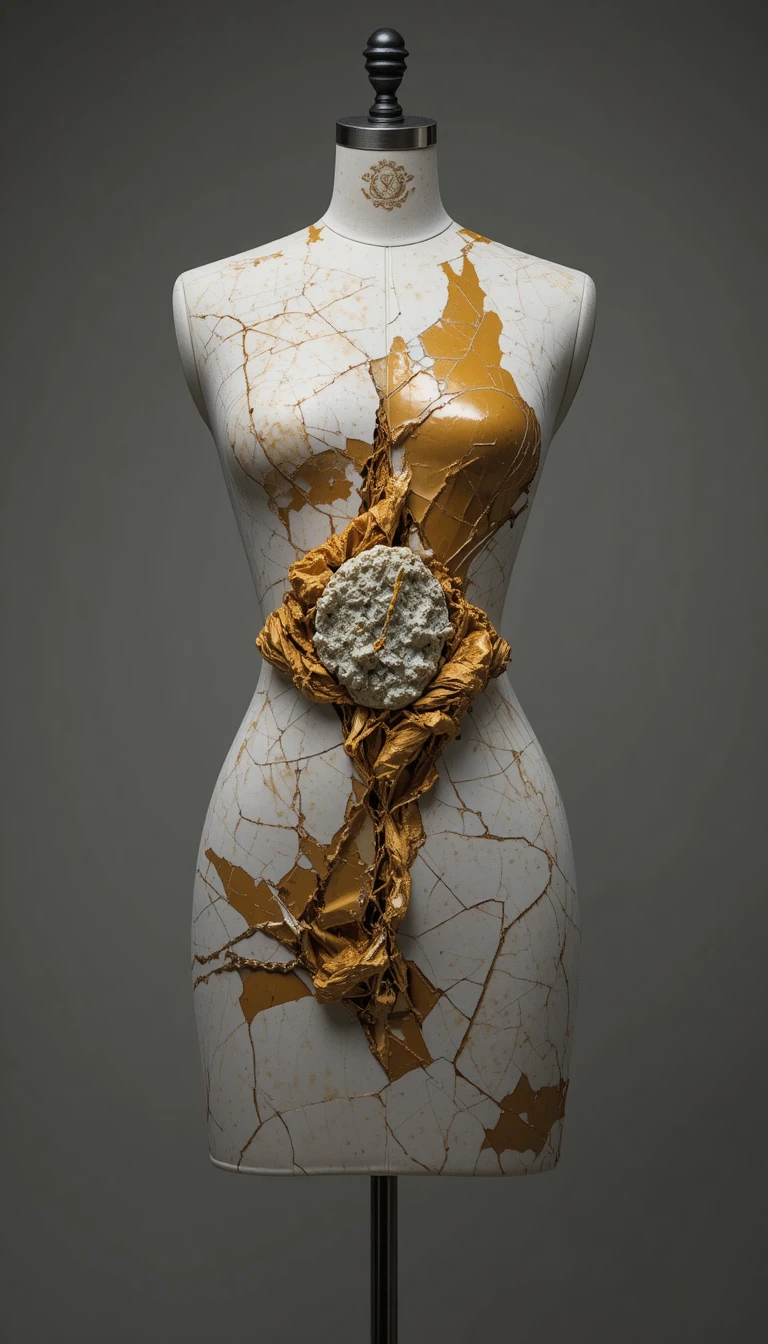 Layered mannequin collage with marble dust and gold texture
