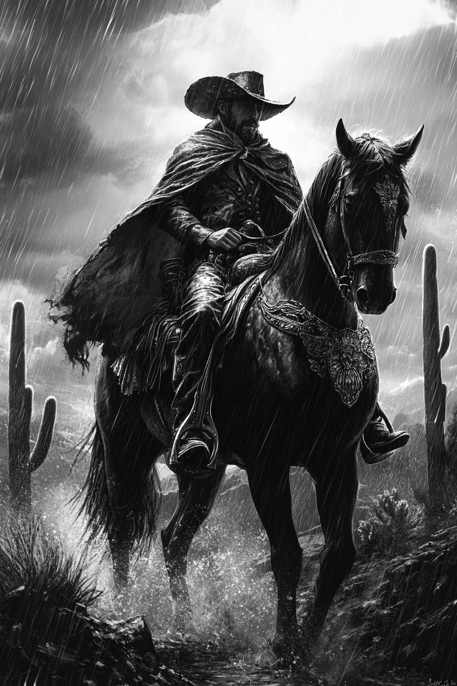 Cowboy solitário cavalgando por deserto chuvoso em retrato monocromático
