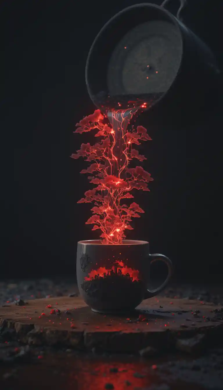 Paysage lumineux de village miniature débordant d’une tasse renversée