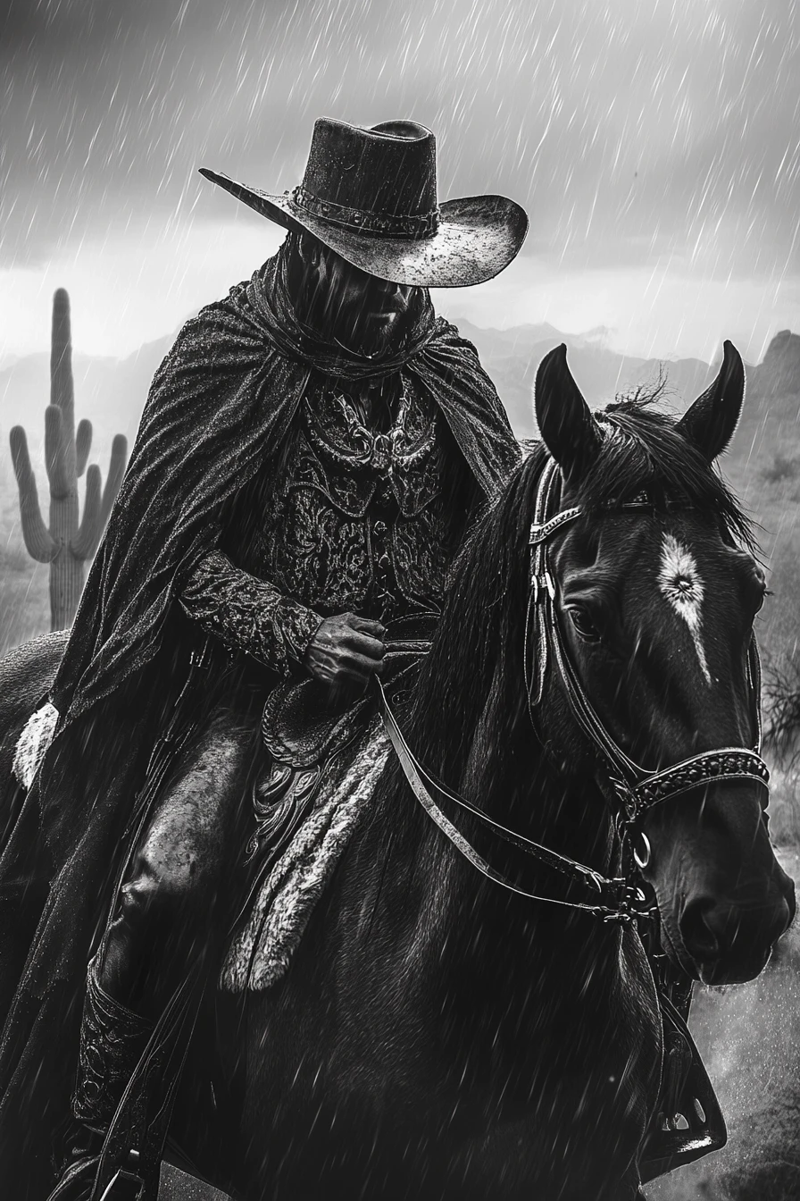 Einsamer Cowboy zu Pferd in einer regnerischen Wüstenszene