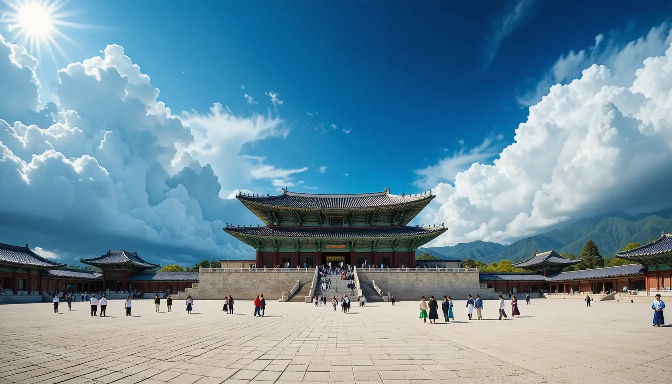 Vista ampla do Palácio Gyeongbokgung sob um céu azul imponente