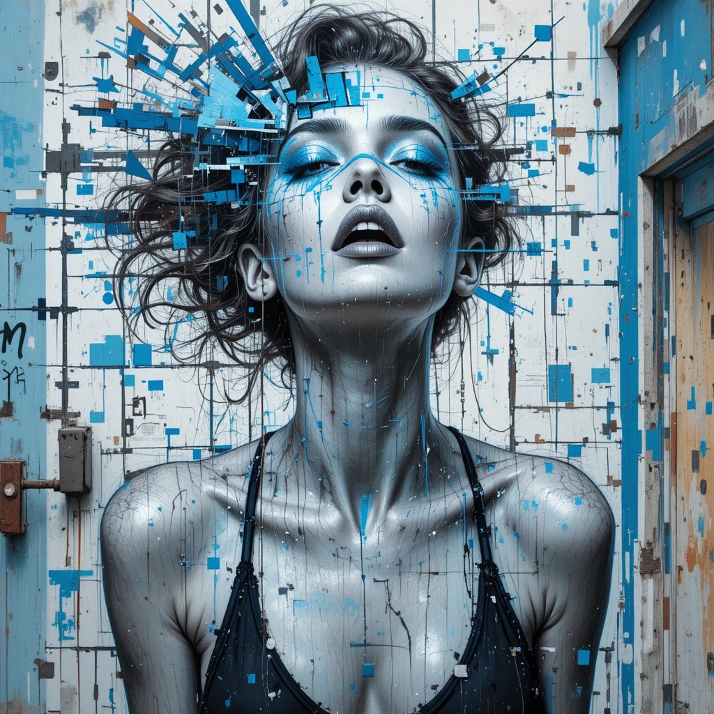 Monochrome street mural of a dissolving fashion model