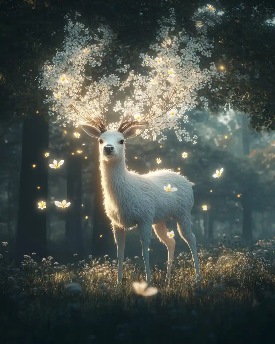 White stag with floral antlers in a foggy enchanted forest