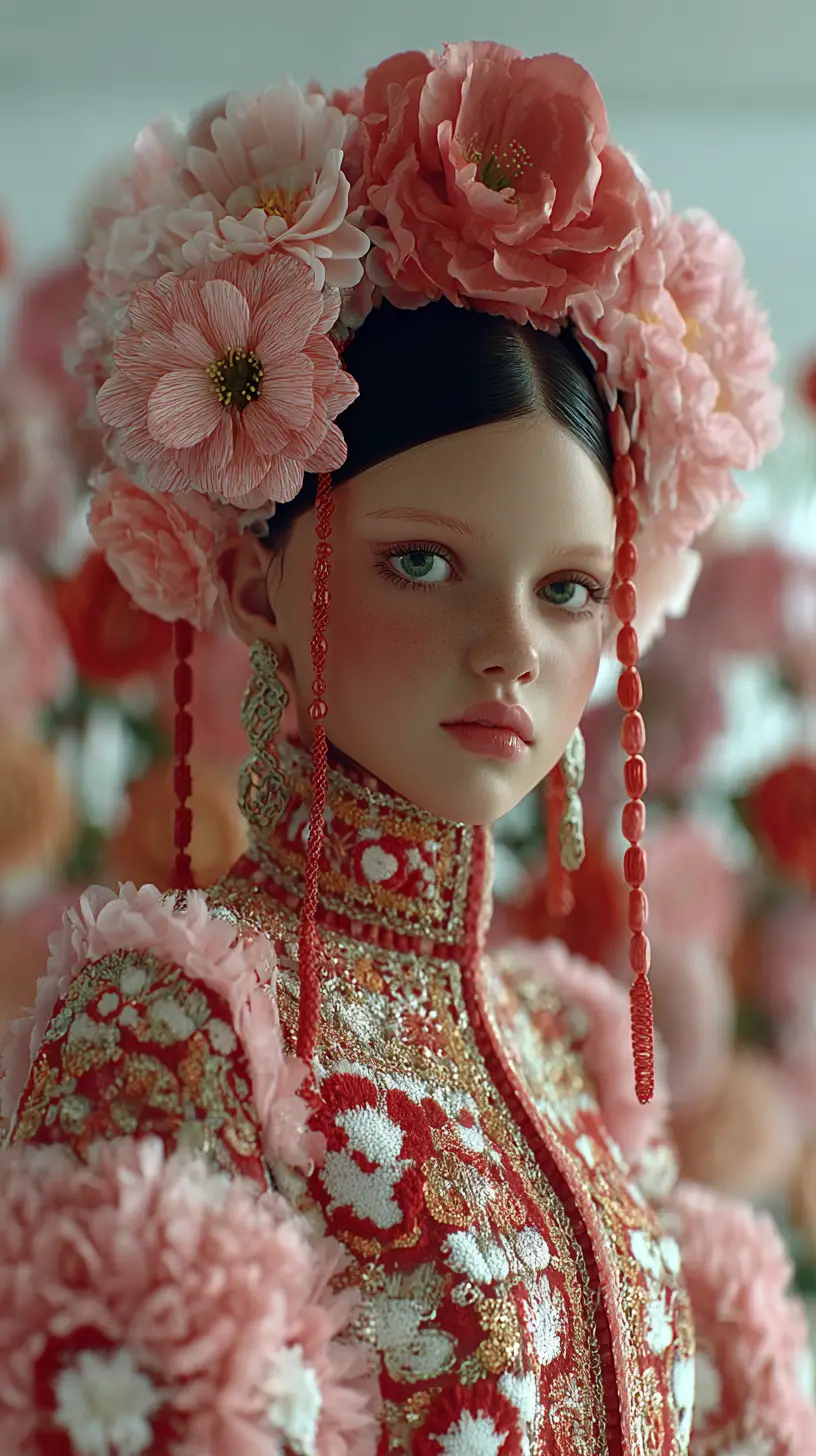 Donna eterea in couture floreale rosa e abito tradizionale rosso