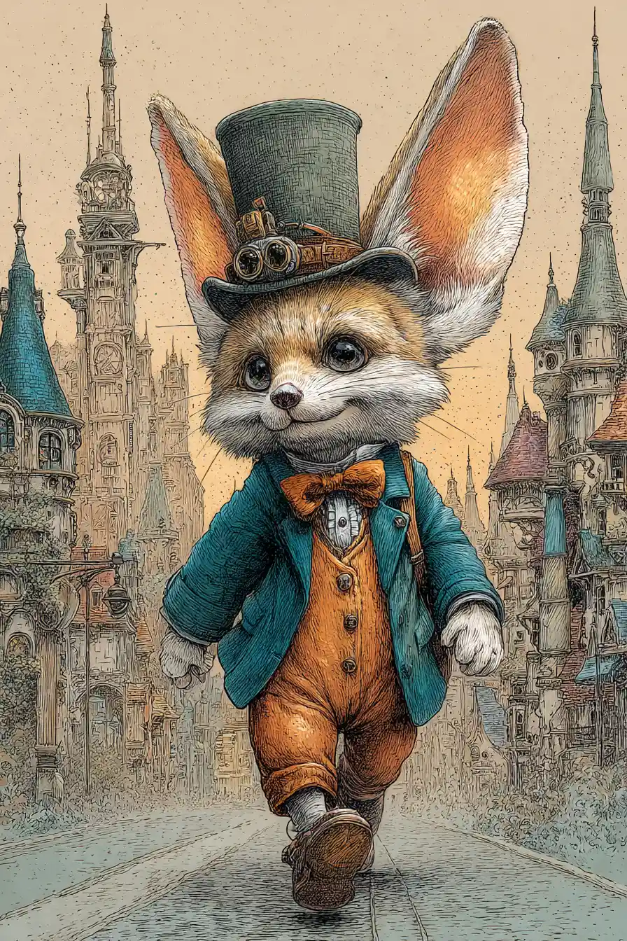 Cute fennec fox in a tall hat walking a city street