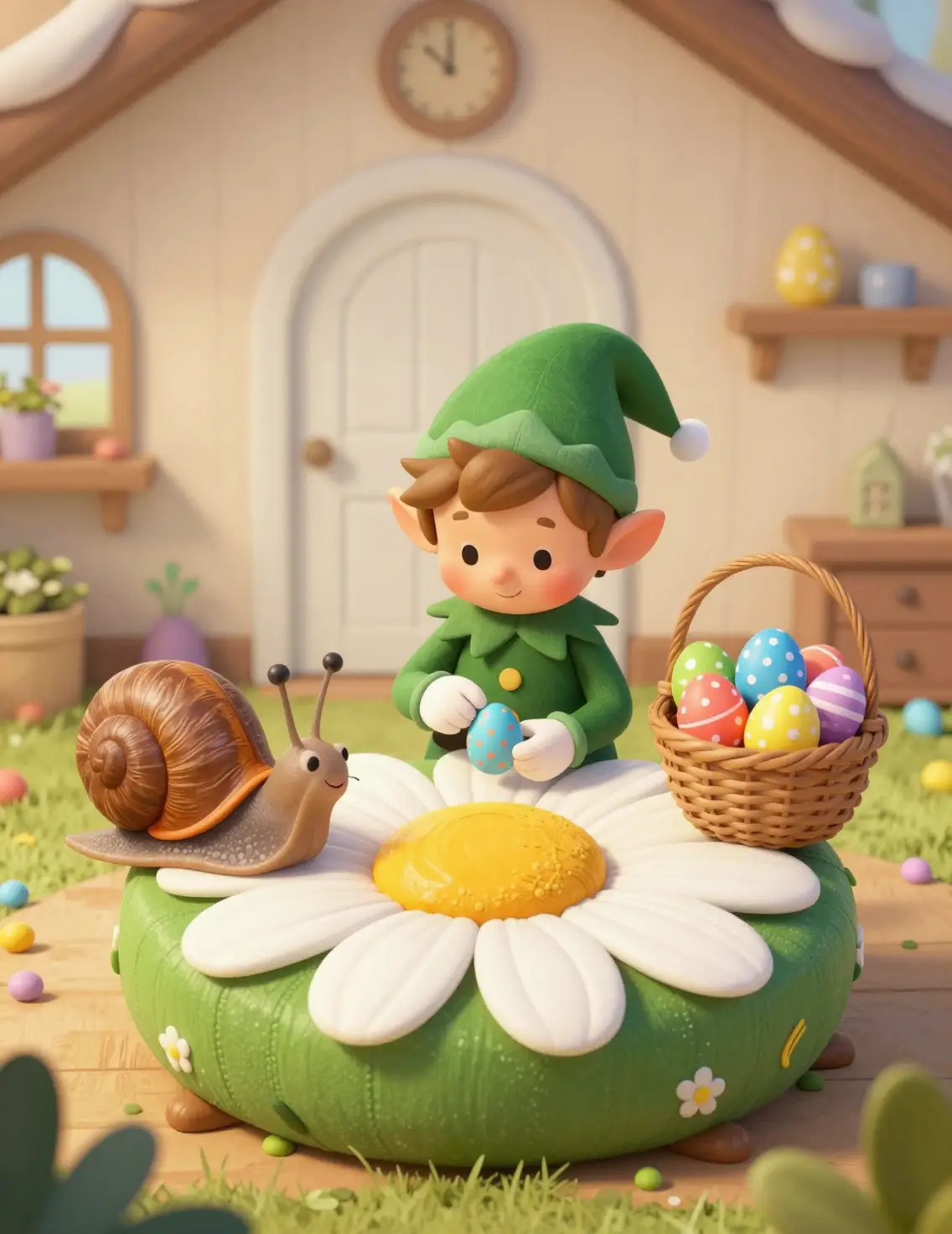 Petit elfe décorant des œufs de Pâques à une table de pâquerettes