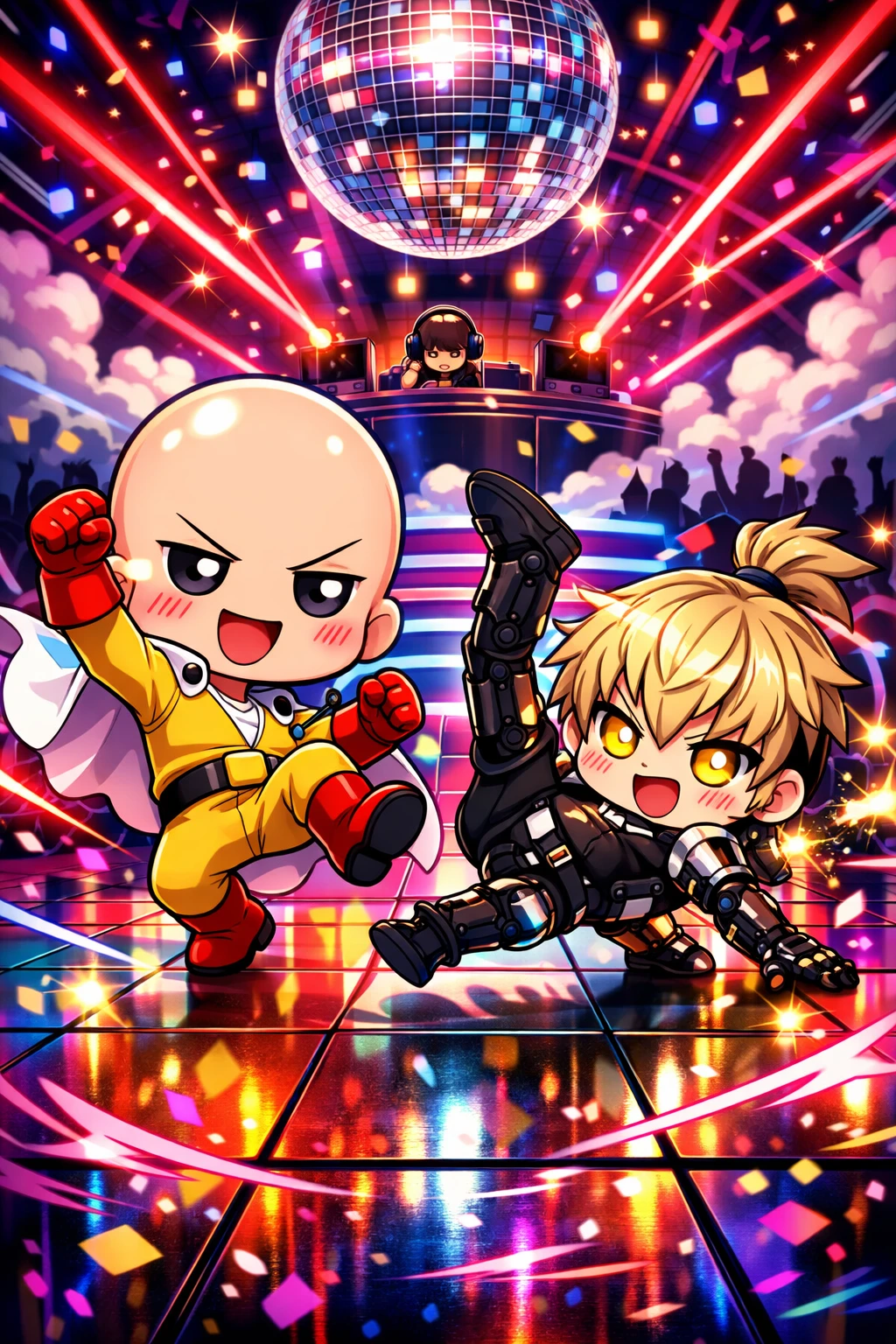 Eroi chibi che ballano su una pista da disco neon