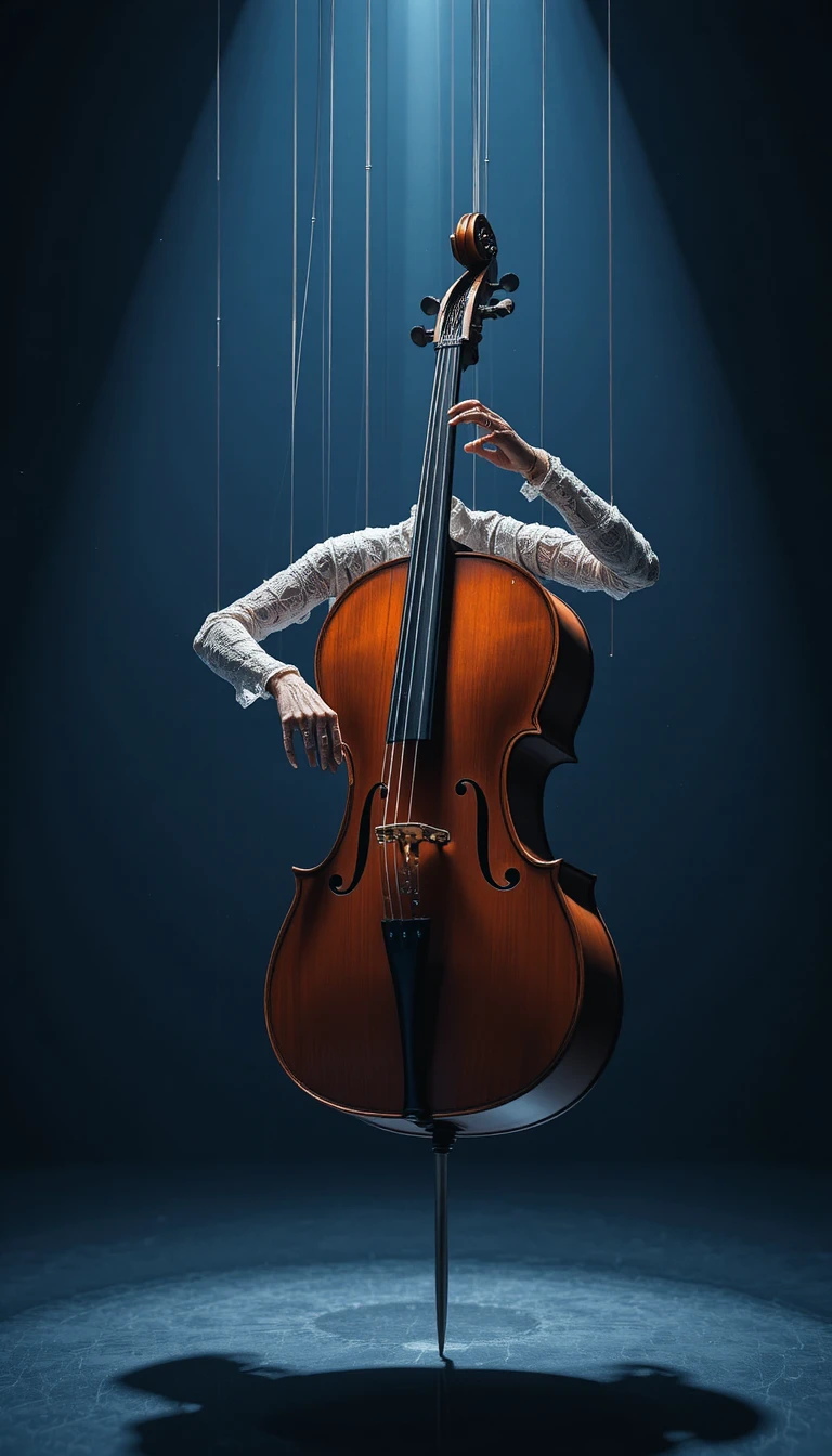 Suspended marionette arms playing cello under a single spotlight