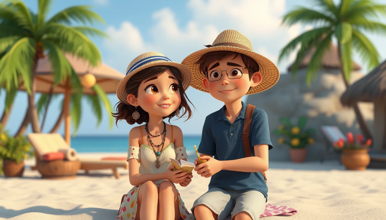 Joyful human couple enjoying a cozy neon beach day