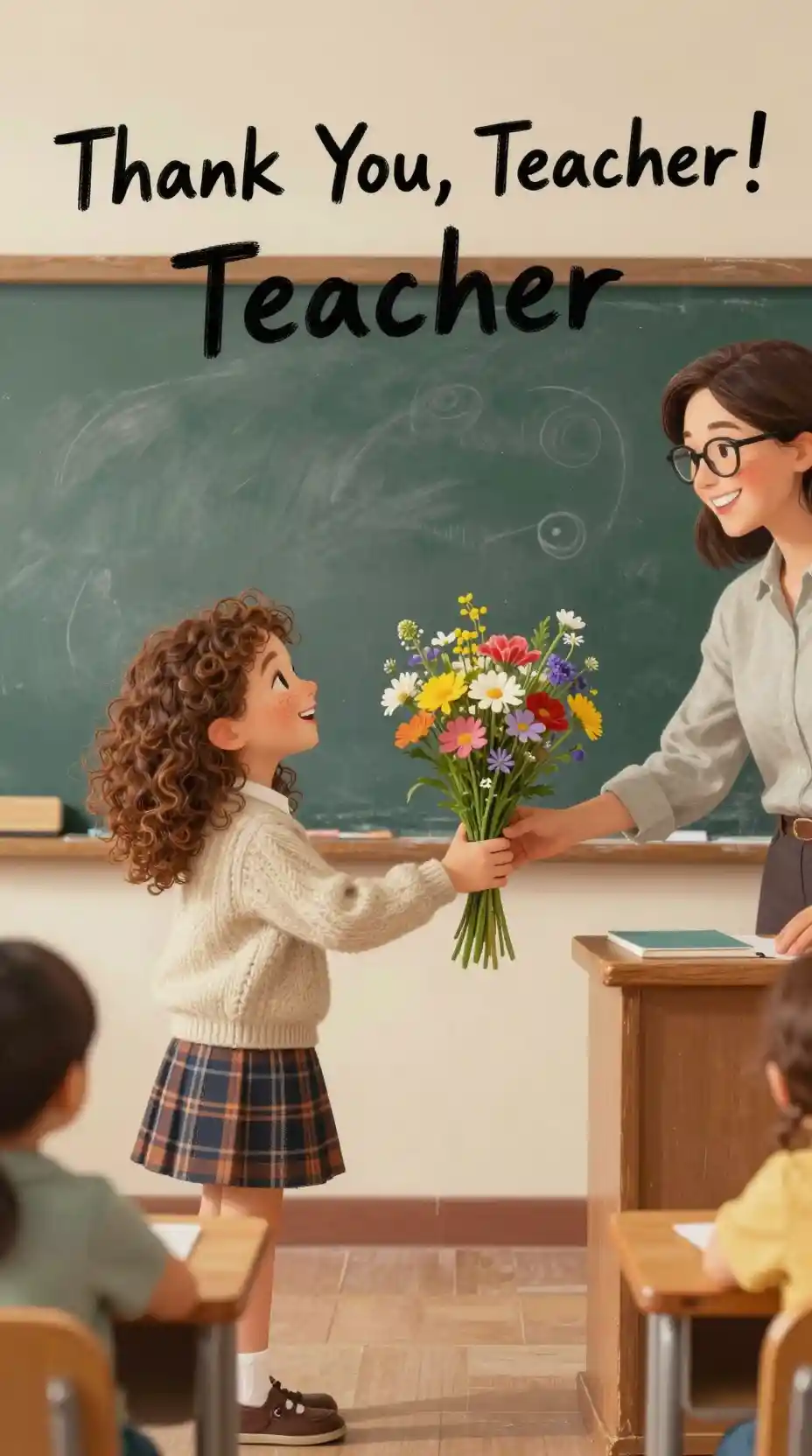 Smiling girl offering wildflower bouquet to her teacher