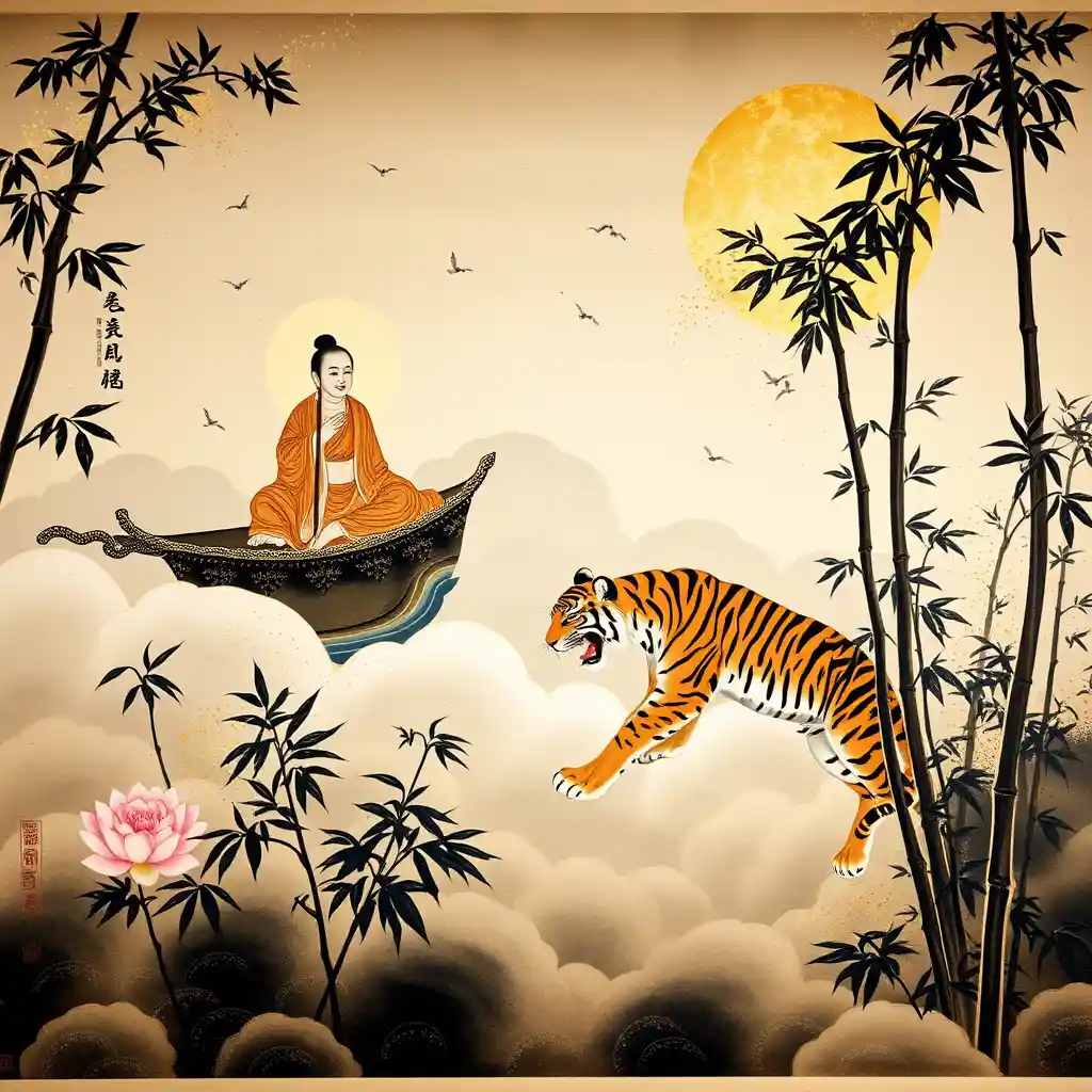 Bodhidharma Traversant le Fleuve dans une Fresque Monumentale Yamato-e