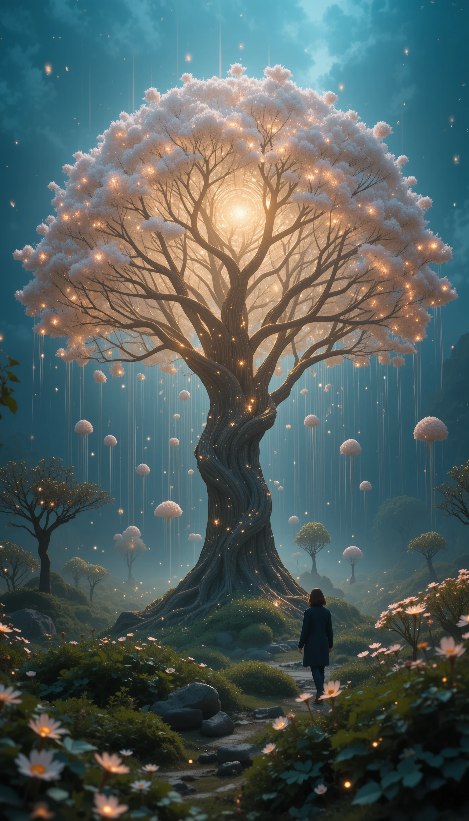 Luminous bio tech tree glowing in a futuristic spring landscape