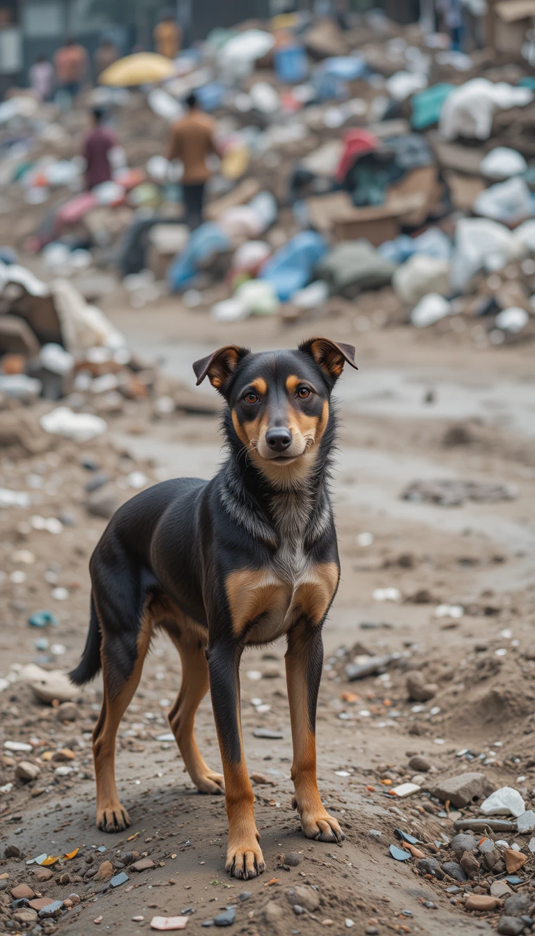 Cão de rua indiano perto de um lixão com pessoas ao fundo