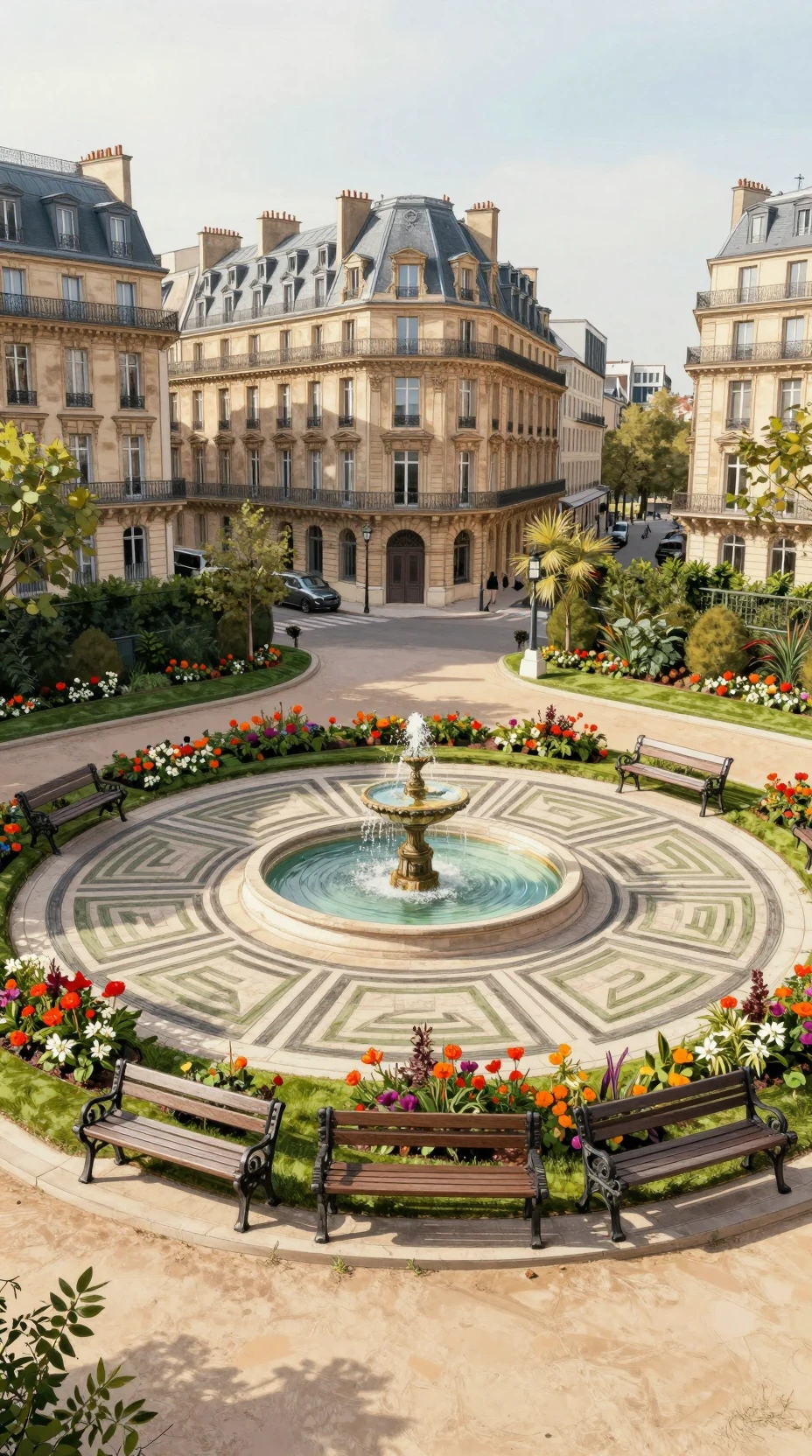 Charmant coin de parc urbain avec fontaine et massifs de fleurs
