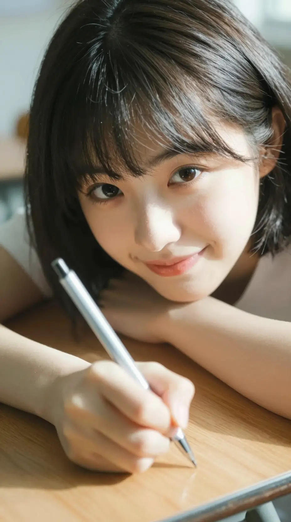 ノスタルジックな教室の机に身を乗り出す日本人の遊び心あふれる少女