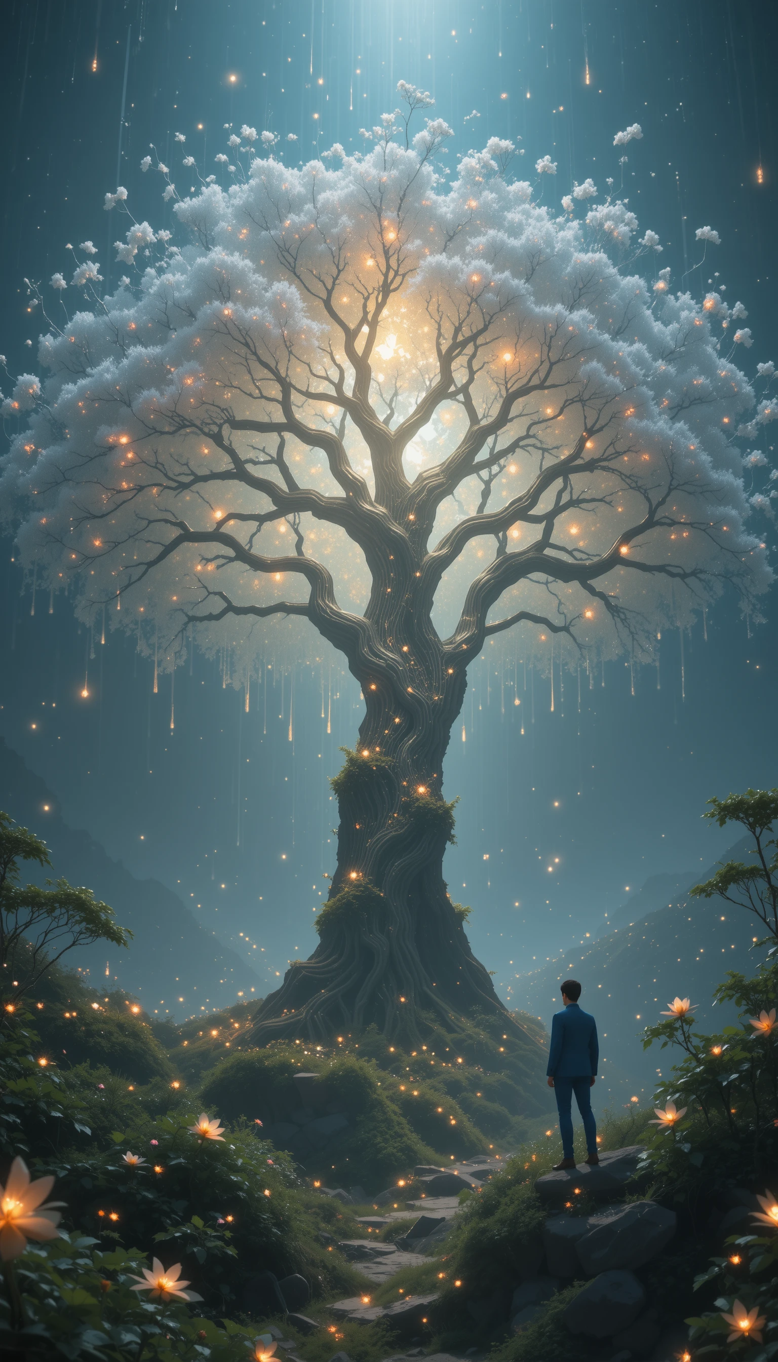 Albero biotecnologico luminoso in un paesaggio primaverile futuristico