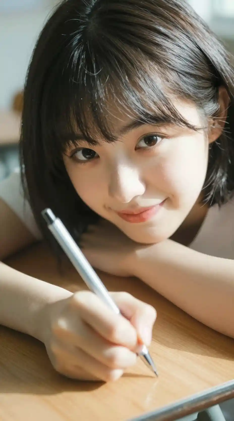 Ragazza giapponese giocosa china su un nostalgico banco di scuola