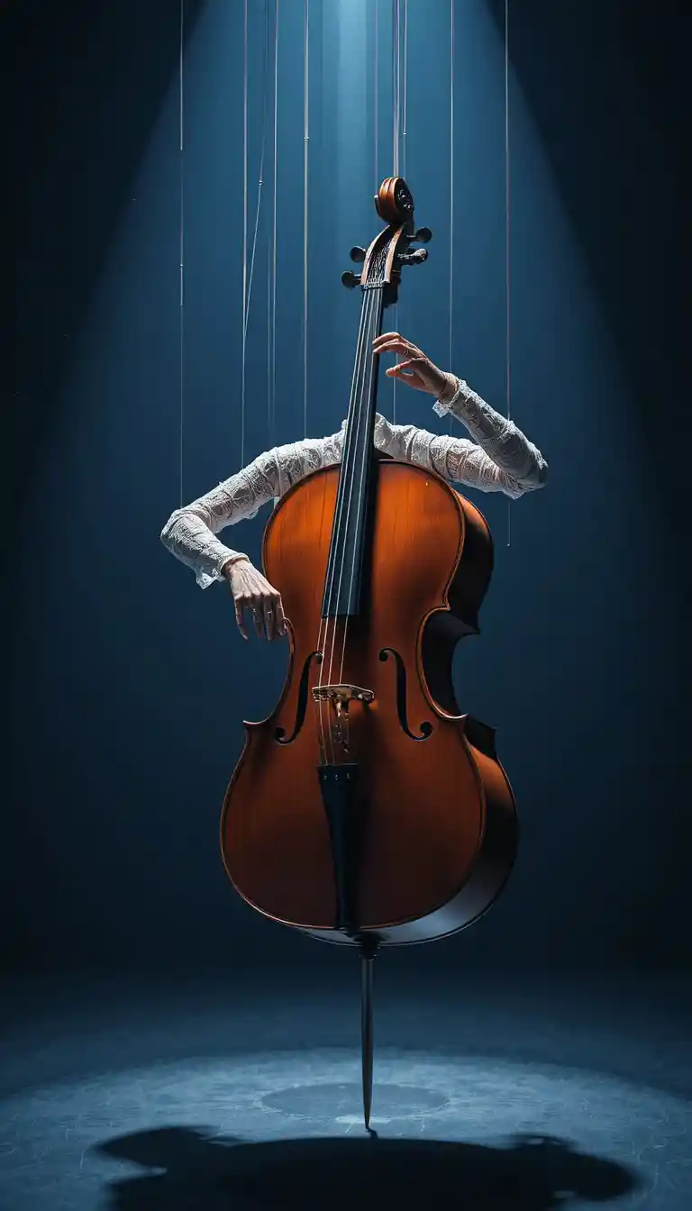 Schwebende Marionettenarme spielen Cello unter einem einzelnen Scheinwerfer