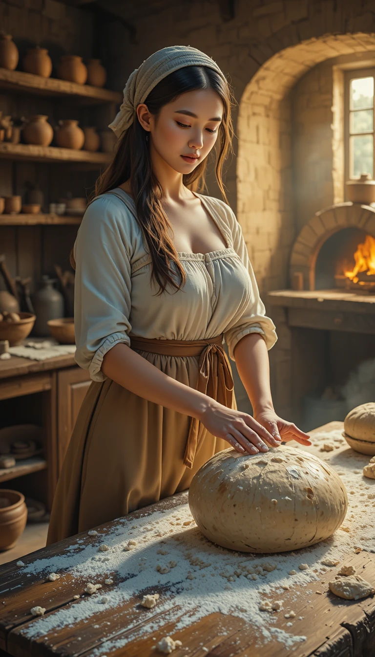 Young woman kneading dough in a rustic medieval kitchen