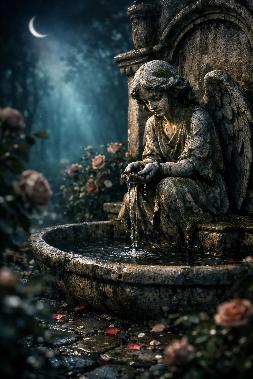 Weathered angel fountain in a moonlit rose garden