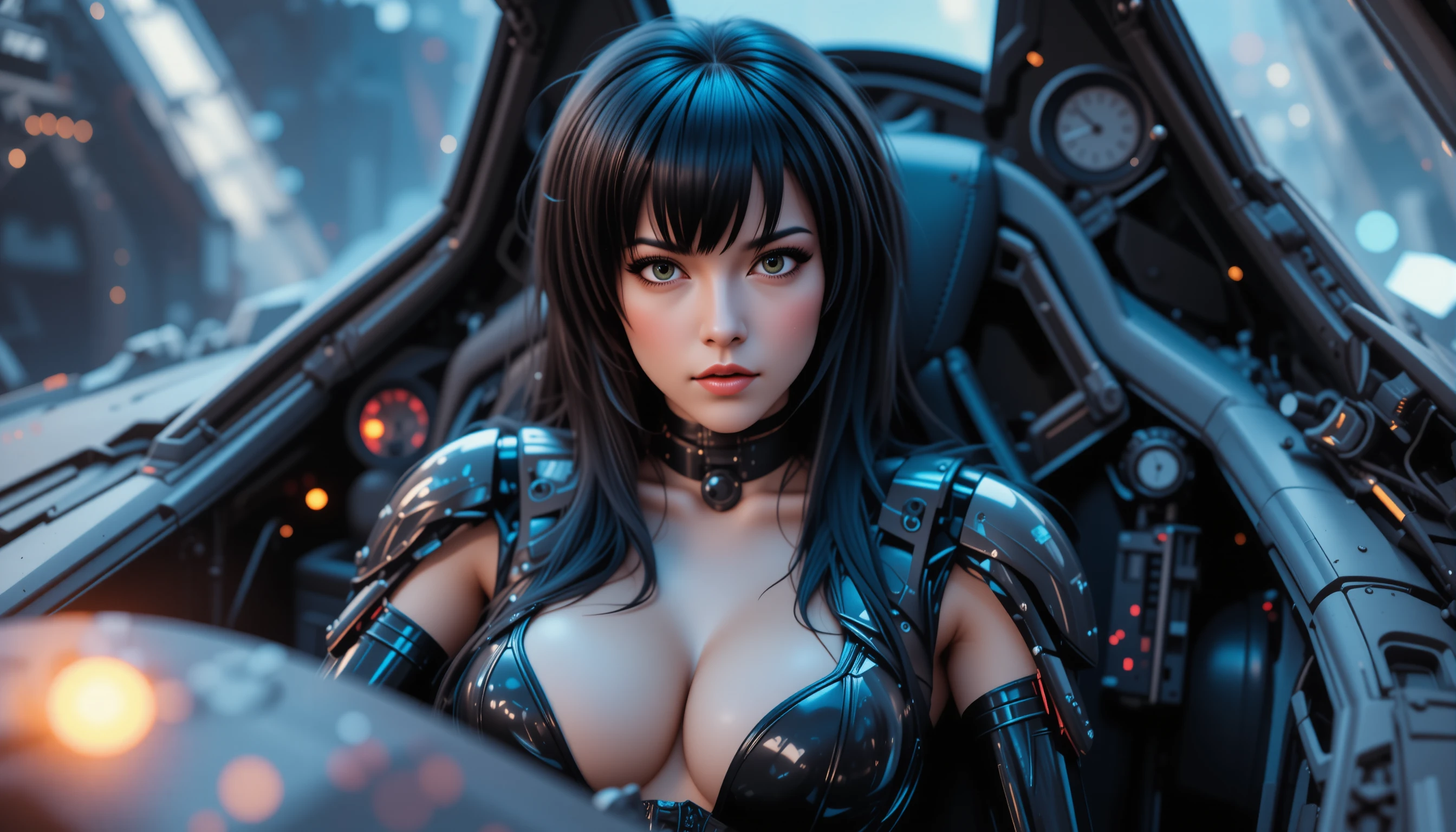 洗練されたスターファイターのコックピットに座る魅惑的なアンドロイド女性