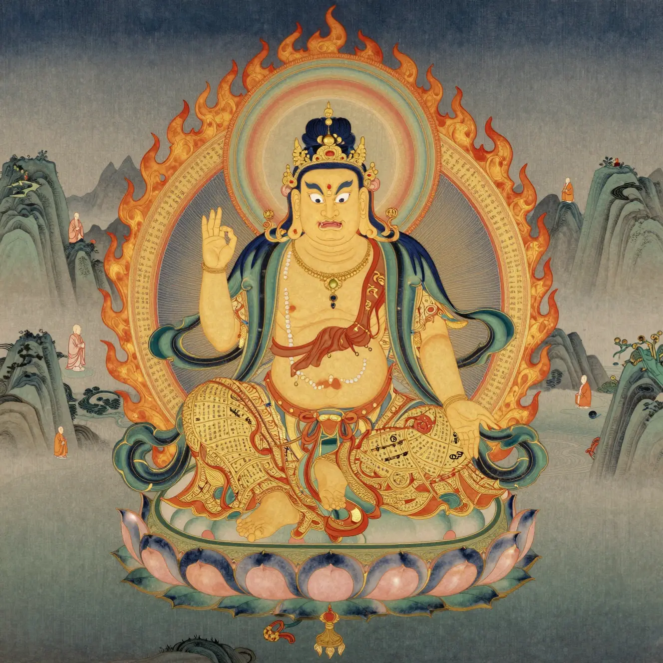 Mystische buddhistische Gottheit in einem leuchtenden Mandala im Yamato-e-Stil