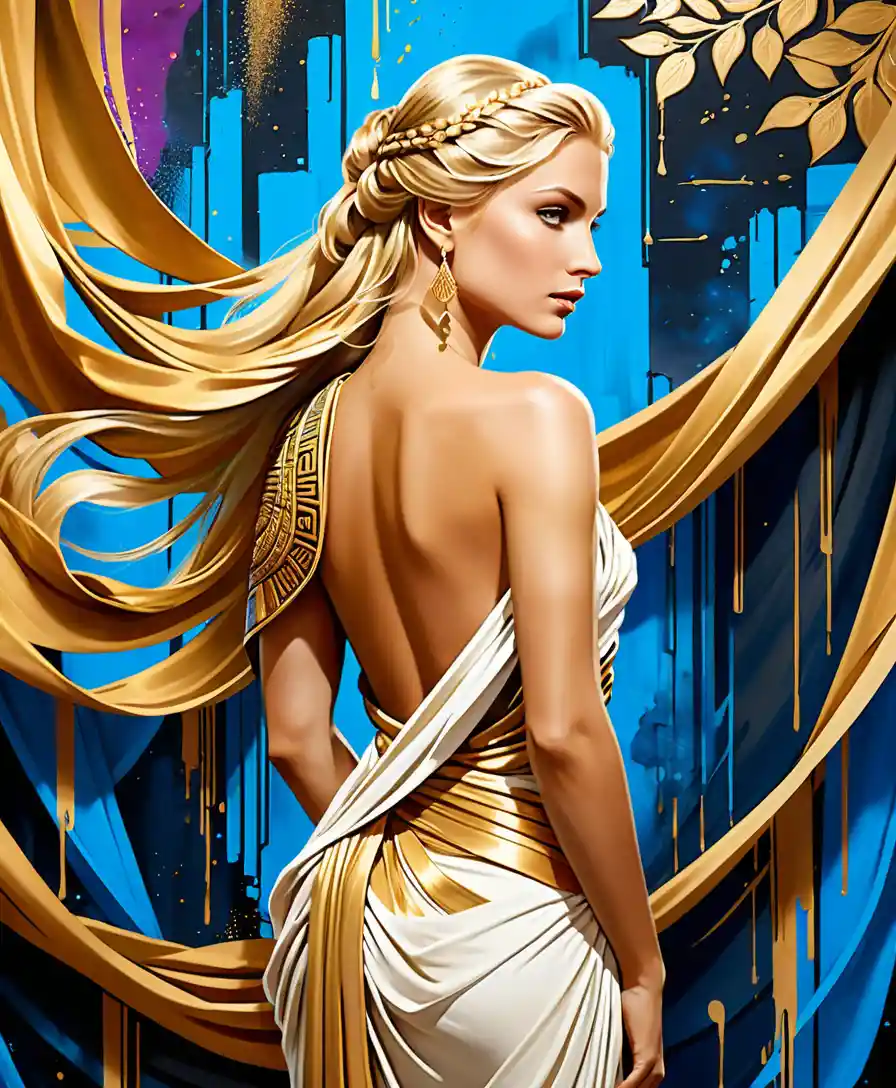 Roman princess in toga at a twilight banquet