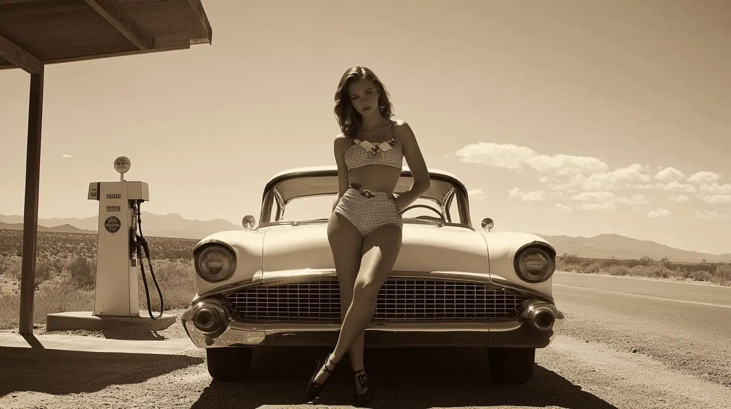 Giovane donna in abito da marinaia accanto a un’auto d’epoca