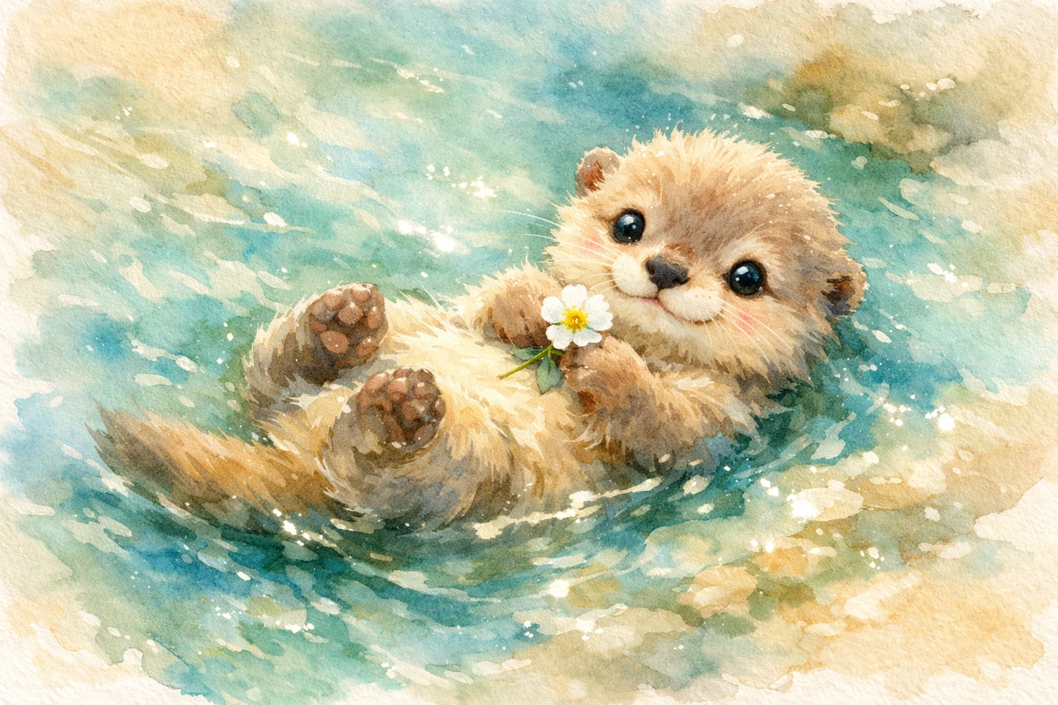Dolce cucciolo di lontra in acquerello che galleggia in un fiume cristallino