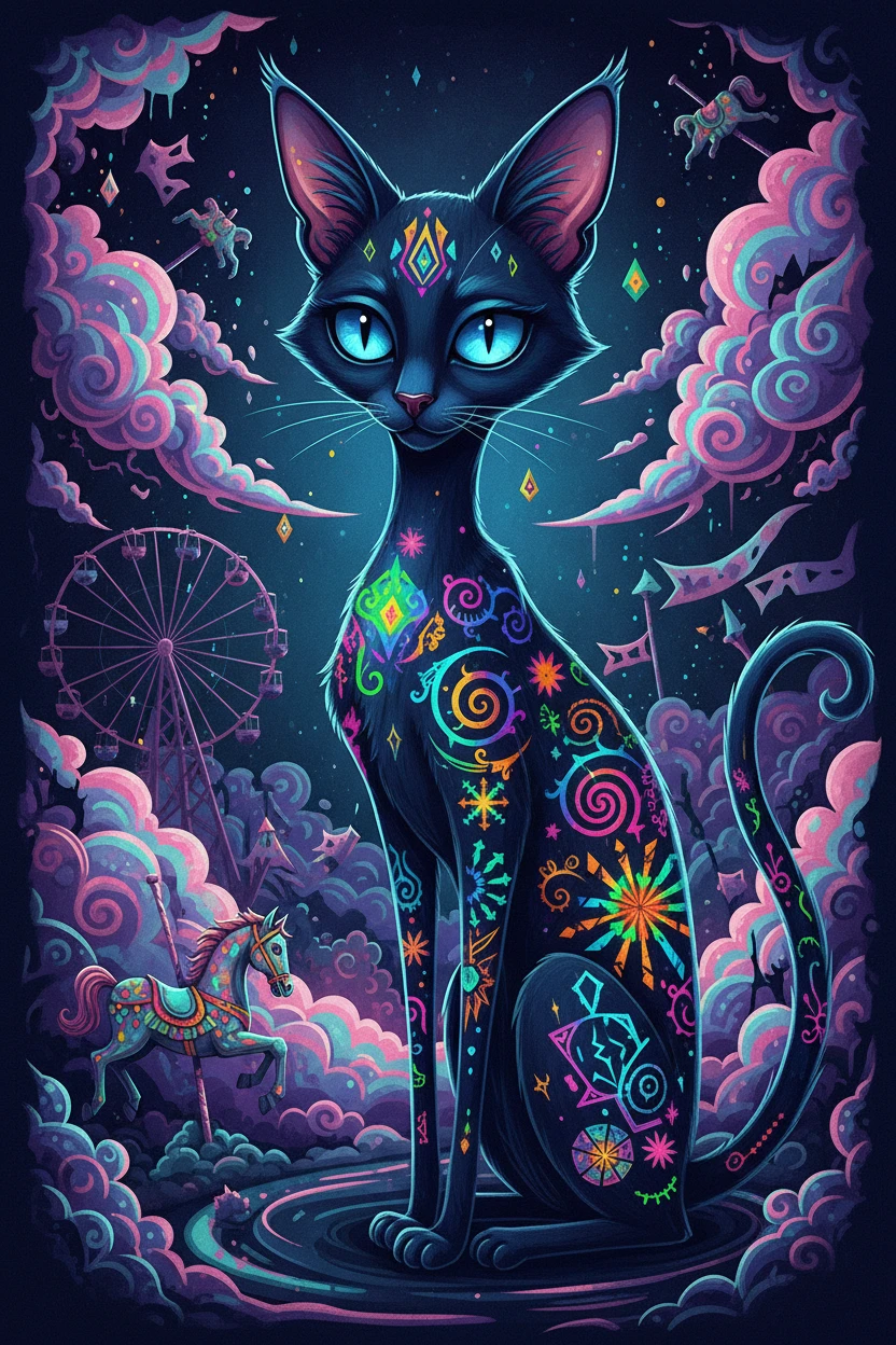Gato preto neon surreal com padrões ornamentais brilhantes