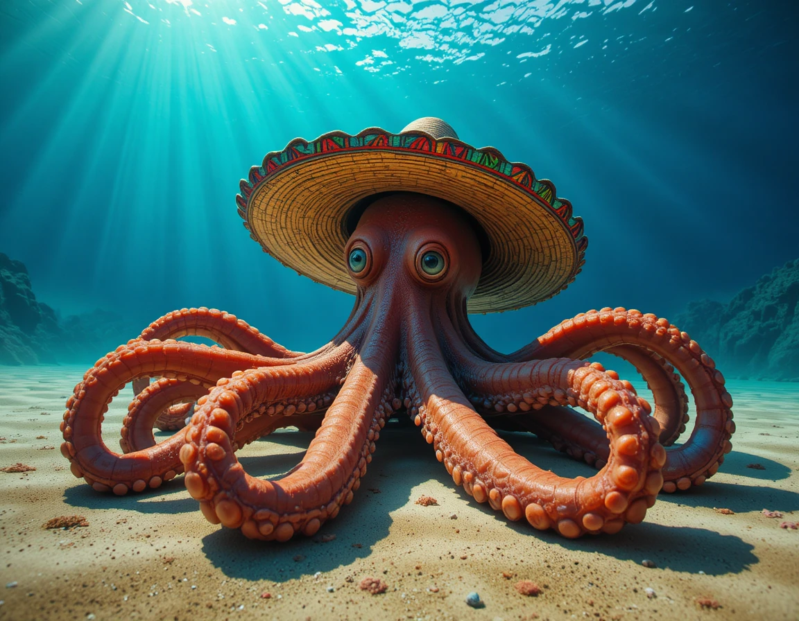 Whimsical octopus in sombrero on sunlit ocean floor