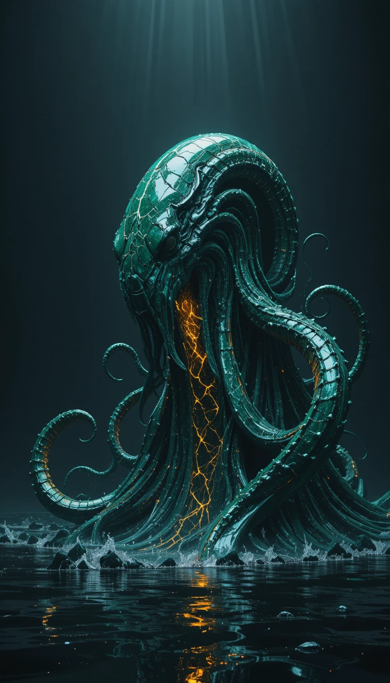 Colossal Kraken de Malaquita Emergindo de um Mar de Mármore Negro