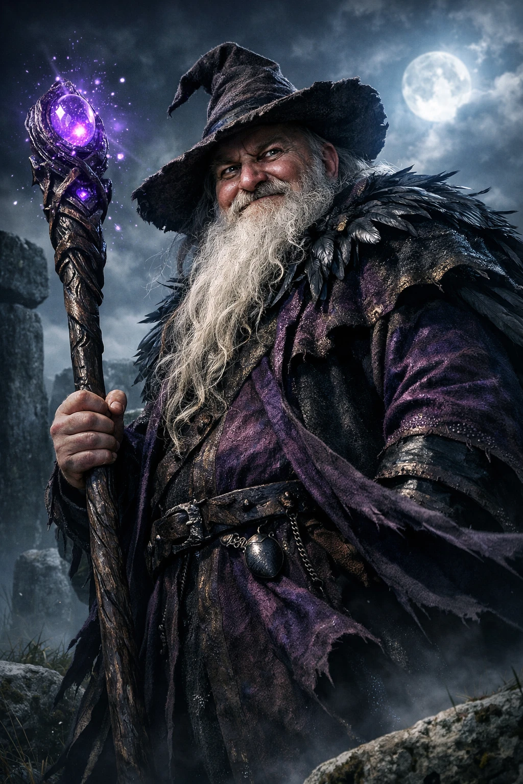 Sinister bearded wizard in moonlit ancient stone circle
