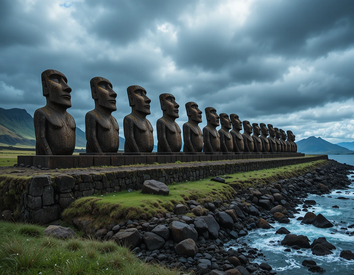 Ancient moai statues facing a stormy pacific coastline