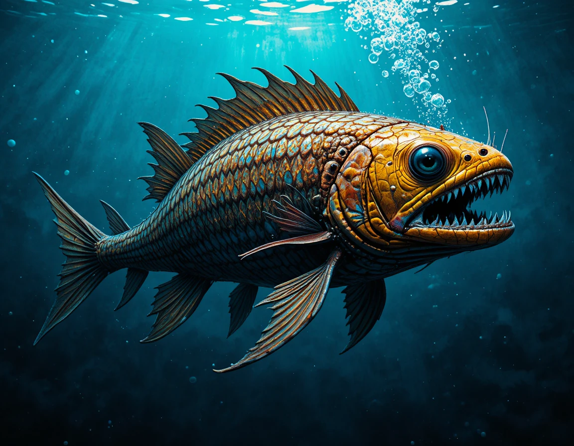 Pesce di profondità fantasy che nuota in un oceano blu scuro