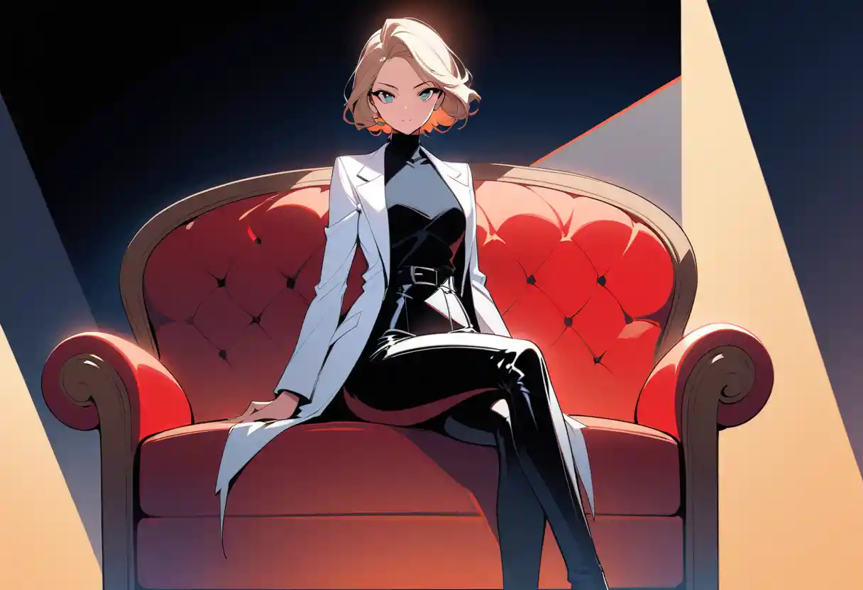 Confident woman in white jacket and leather pants on couch