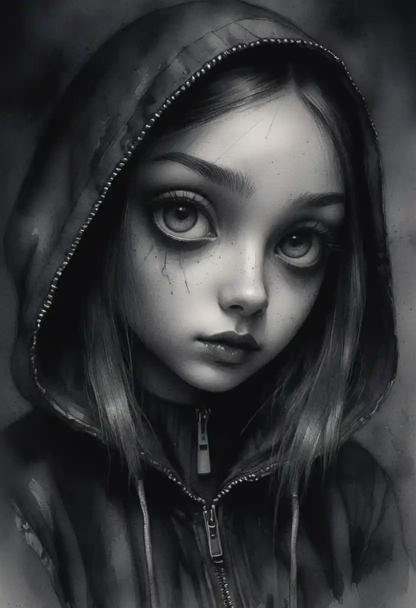 Monochrome portrait of a mysterious girl with large dark eyes