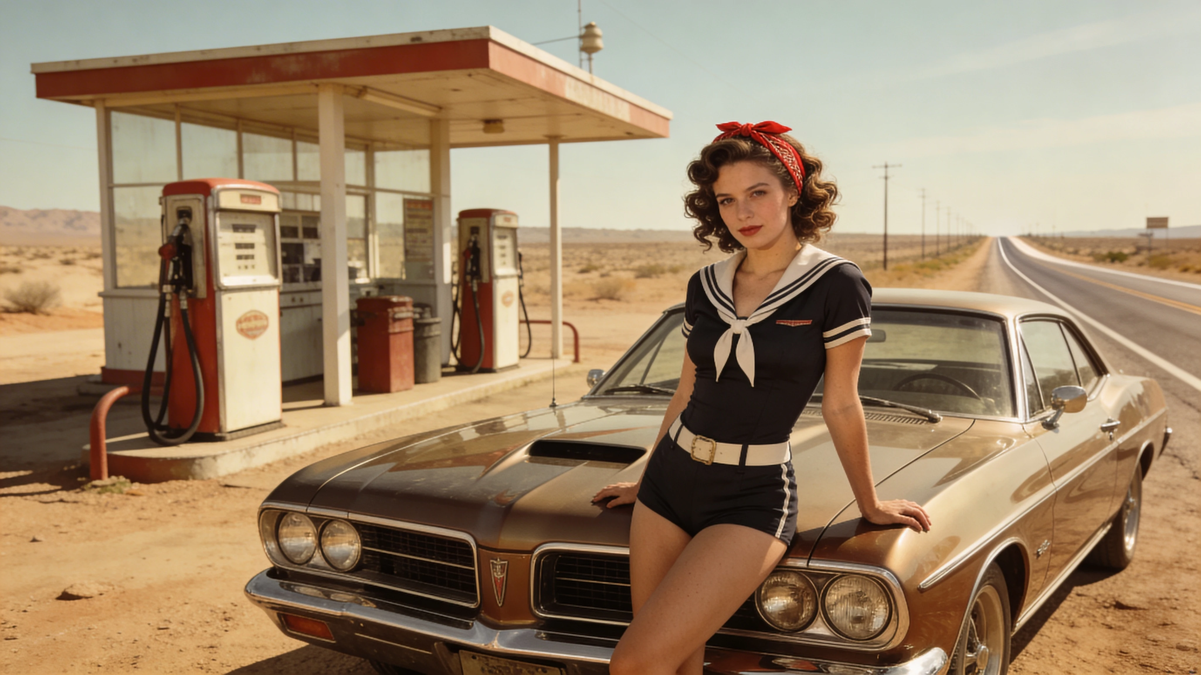 Vintage woman by classic car at desert gas station