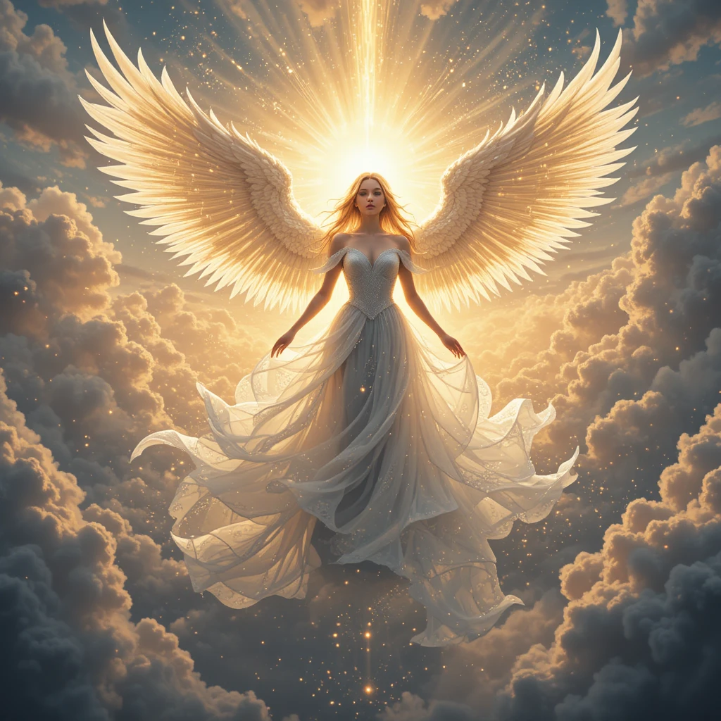 Mulher anjo descendo por nuvens douradas ao pôr do sol
