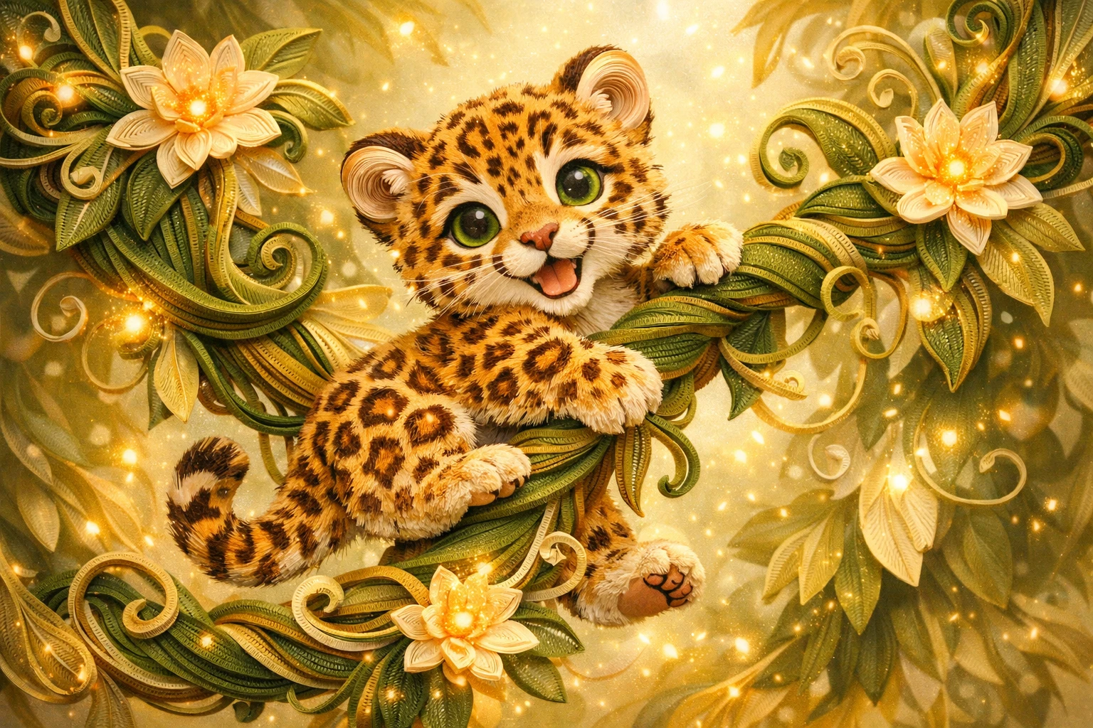 Cachorro de jaguar en quilling de papel fantasioso trepando por una liana de la jungla