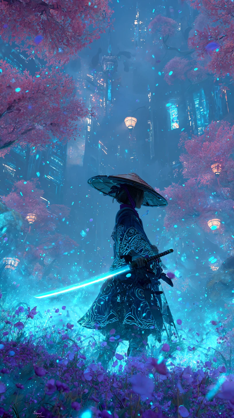 Samurai donna con katana al neon in un campo di fiori luminosi
