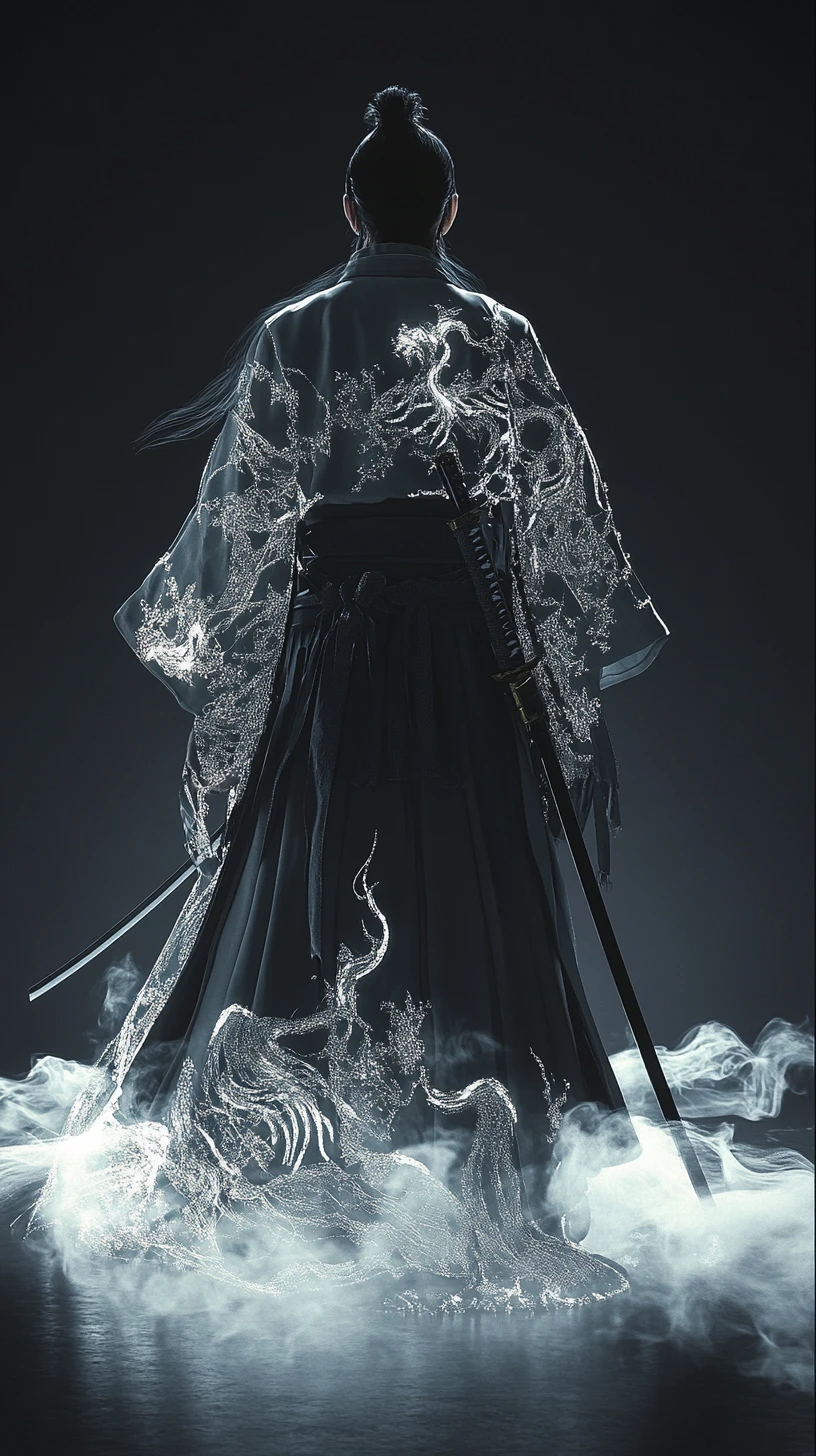 Samurai solitário de costas em vazio nebuloso e brilhante