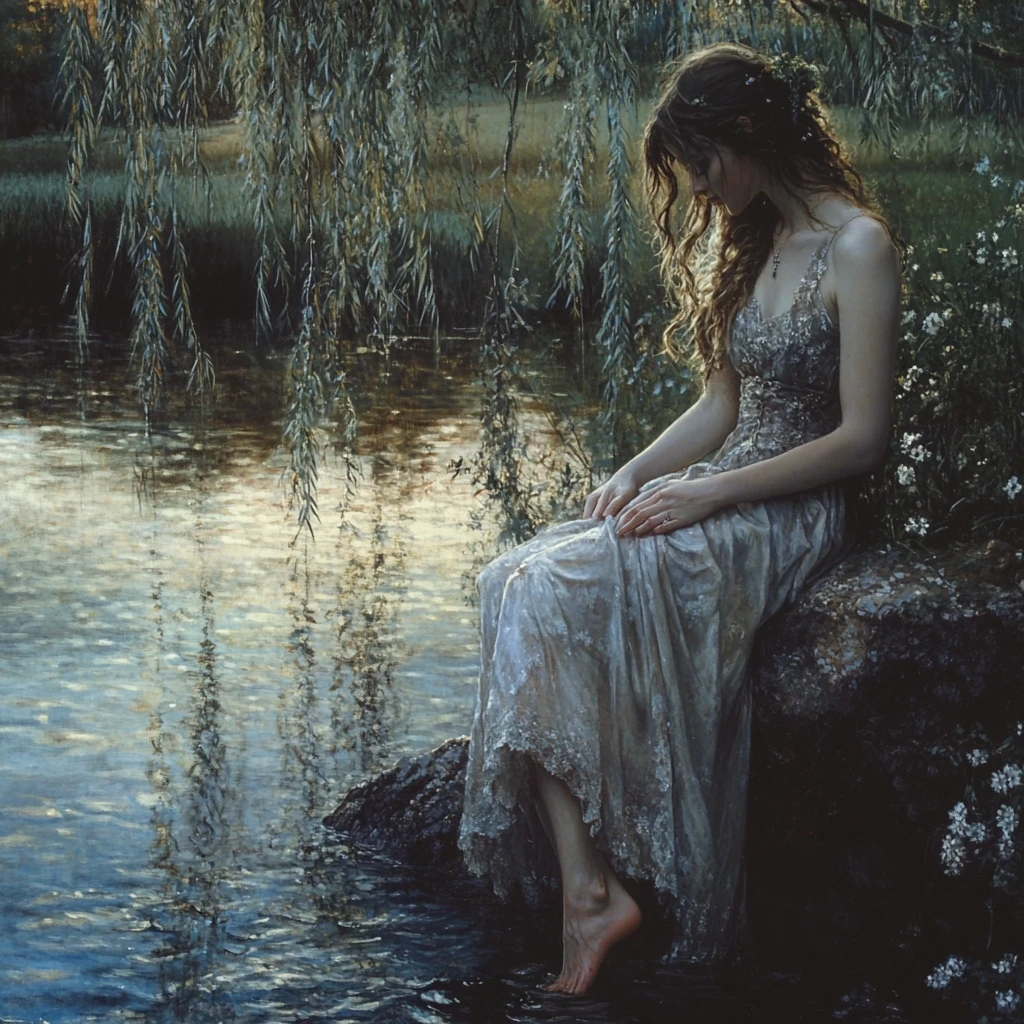 Mulher de vestido à beira de um lago tranquilo ao entardecer