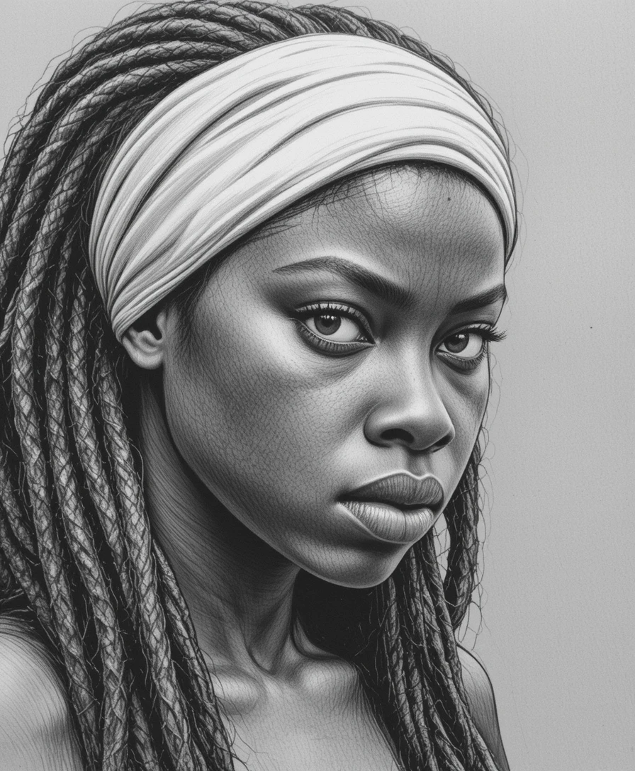 Graphite portrait of a defiant young woman in side light