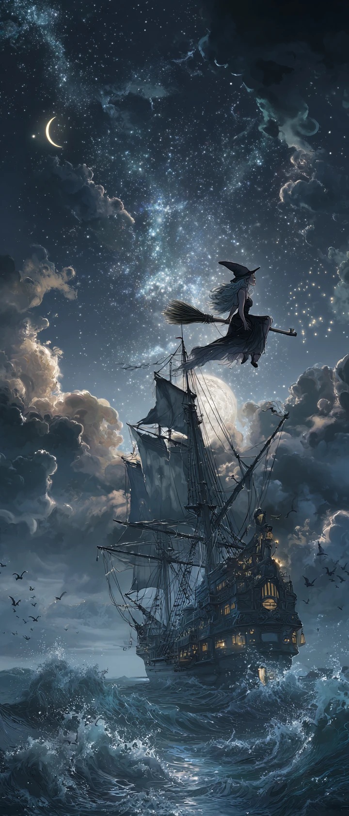 Witch Flying On Broomstick Across Moonlit Ocean Night Sky