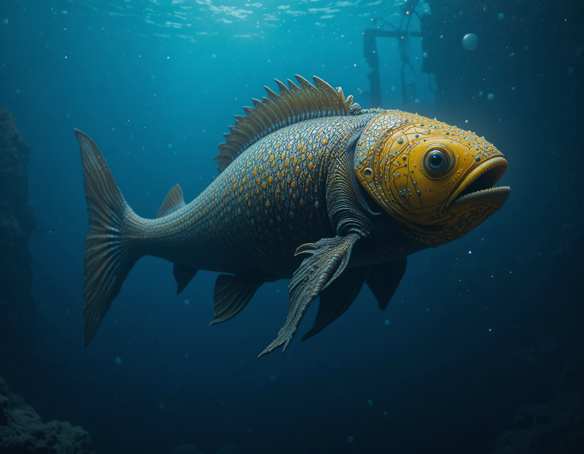 Realistic cgi deep sea monster in dim blue ocean