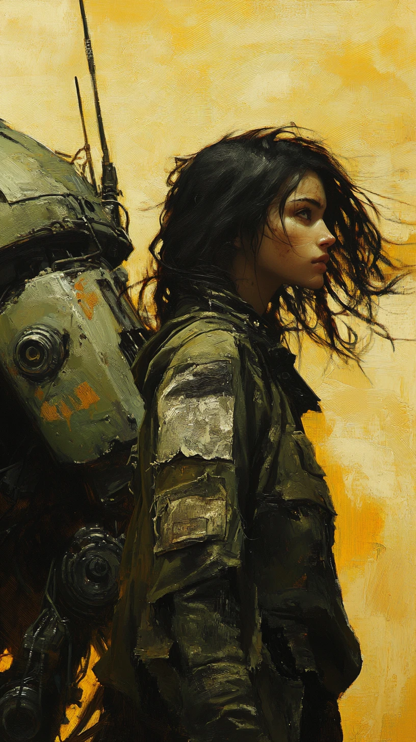 Young woman beside a colossal ruined mech in profile view