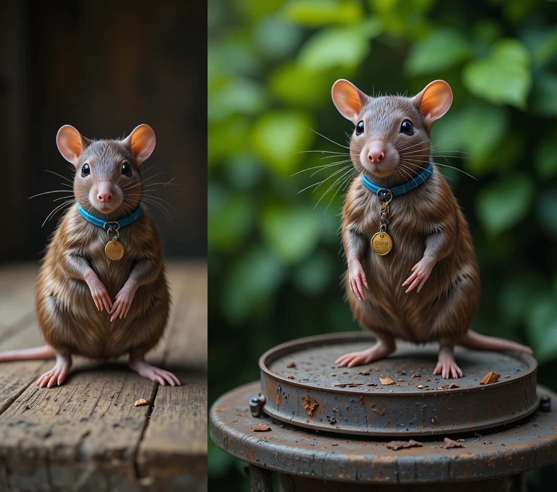 Ruhige braune Ratte mit blauem Halsband auf rustikaler Holzoberfläche