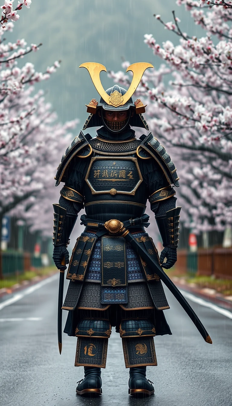 Samurai solitário em uma tranquila estrada japonesa ladeada por flores
