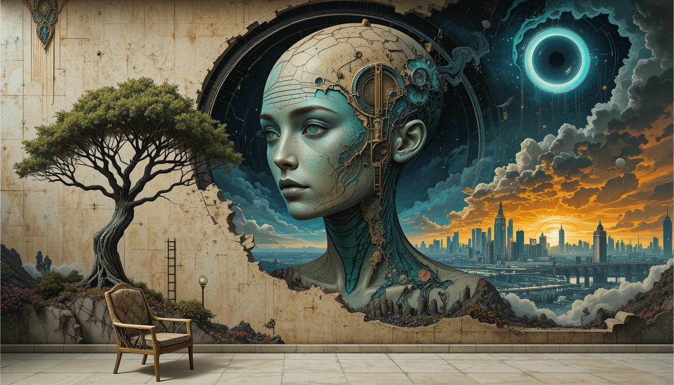 Colosse extraterrestre devant une ville futuriste sous lumière artificielle